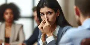 uma mulher no meio de outras as pessoas, um gesto comum, quando tocamos nariz