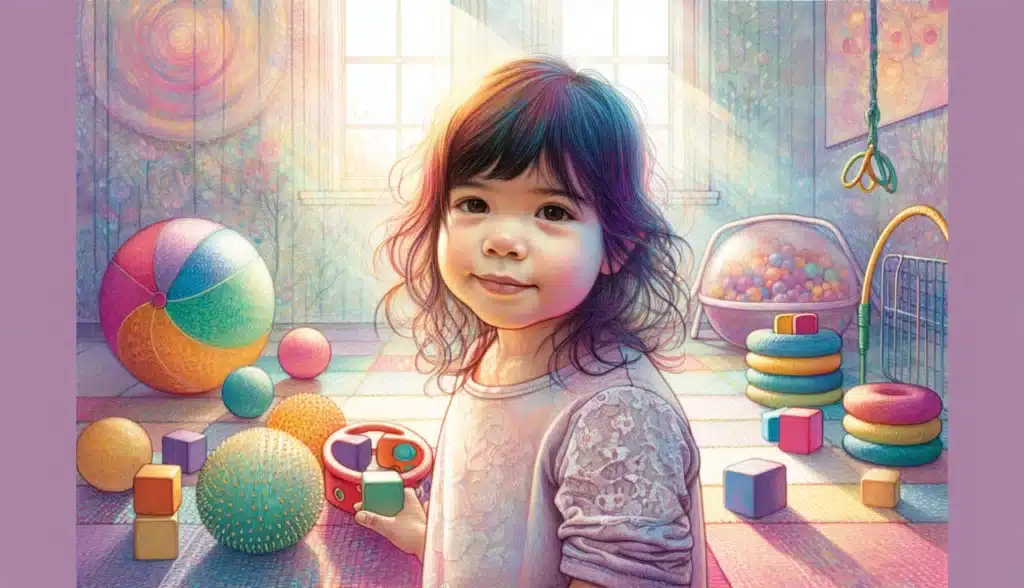 Ilustração digital detalhada de uma criança autista em um ambiente sensorial acolhedor. A criança, com um olhar sereno e um sorriso suave, interage com brinquedos sensoriais coloridos, como bolas texturizadas e blocos vibrantes.
